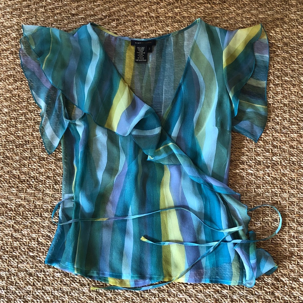 BCBGMaxAzria Blue and Green Striped Silk Wrap Blouse